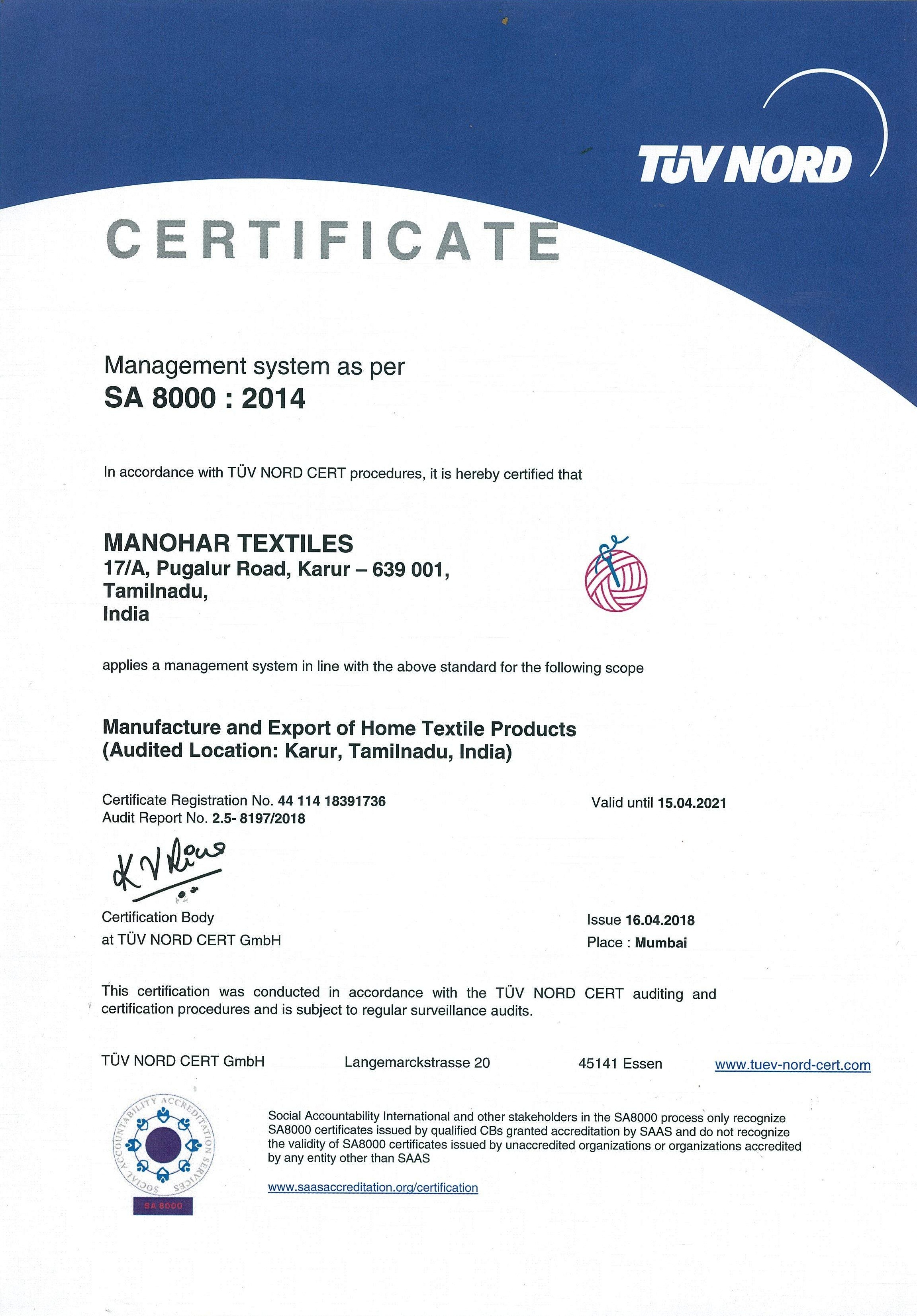 Manohar Textiles SA8000 Certificate